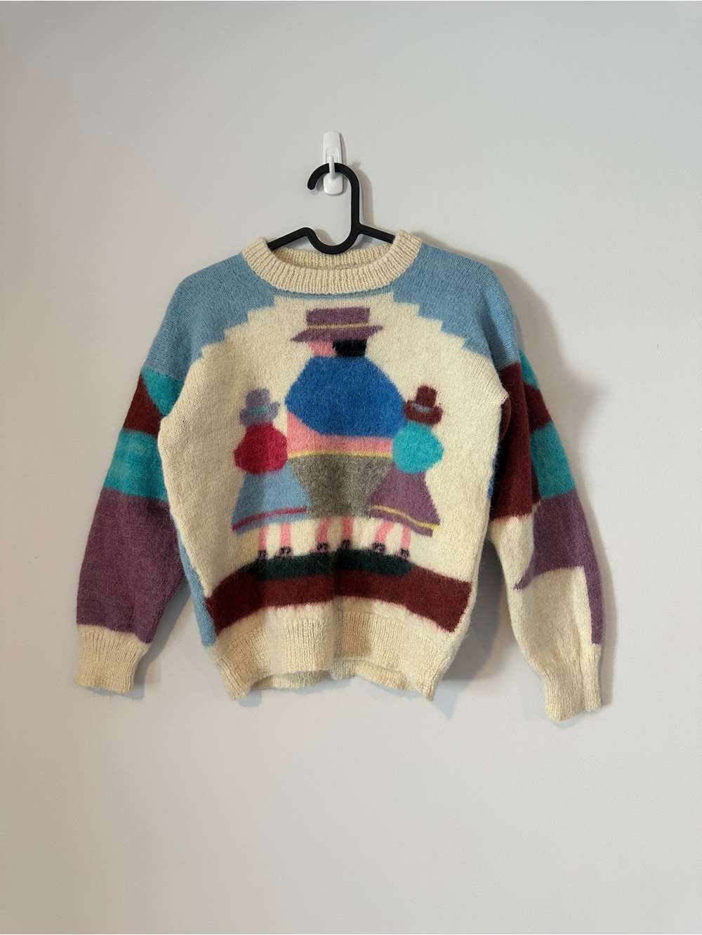 Vintage 80s Peruvian Mohair Blend Sweater | Graphic Knit | Colorblock Crewneck - Picture 3 of 8